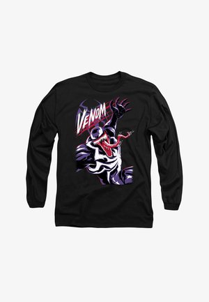 Schwarzes Langarmshirt mit einem Grafikdesign von Venom, mit kräftigen Farben, einer langen Zunge und dynamischen Klauen vor einem stilisierten Hintergrund.