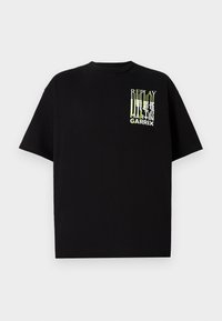 T-shirt in cotone nero a maniche corte, con una grafica multicolore che include il testo "REPLAY MARTIN GARRIX" sul petto.