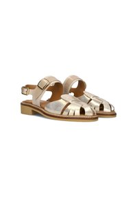 Beige leren sandalen met gouden metallic accenten, open teen ontwerp en een slingback band met verstelbare gesp. Platte zool met een gekleurde afwerking.