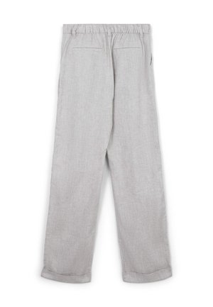 Pantaloni in lino grigio chiaro con vita elastica, design a gamba dritta, due tasche posteriori e risvolti arrotolati. Tessuto liscio.