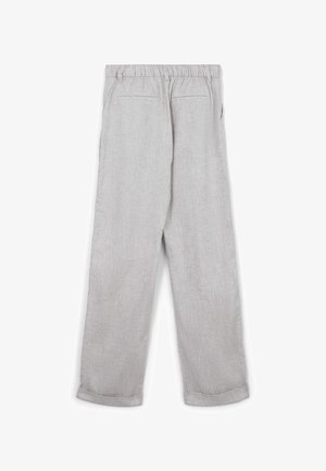 Pantaloni in lino grigio chiaro con vita elastica, design a gamba dritta, due tasche posteriori e risvolti arrotolati. Tessuto liscio.