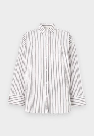 Stripete skjorte laget av lett stoff, med vertikale brune og hvite striper, krage og en brystlomme. Lange ermer med knapp mansjett.