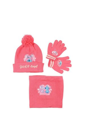 Bonnet d'hiver rose pour enfant avec pompon, gants et tour de cou avec les personnages de dessins animés Stitch et Angel.