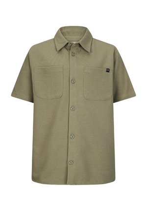 Olivgrünes Hemd mit kurzen Ärmeln, Knopfleiste, zwei aufgesetzten Brusttaschen und klassischem Kragen.