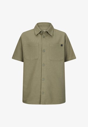 Korte mouwen olijfgroen overhemd met knopen, twee borstzakken aan de voorkant en een klassieke kraag.
