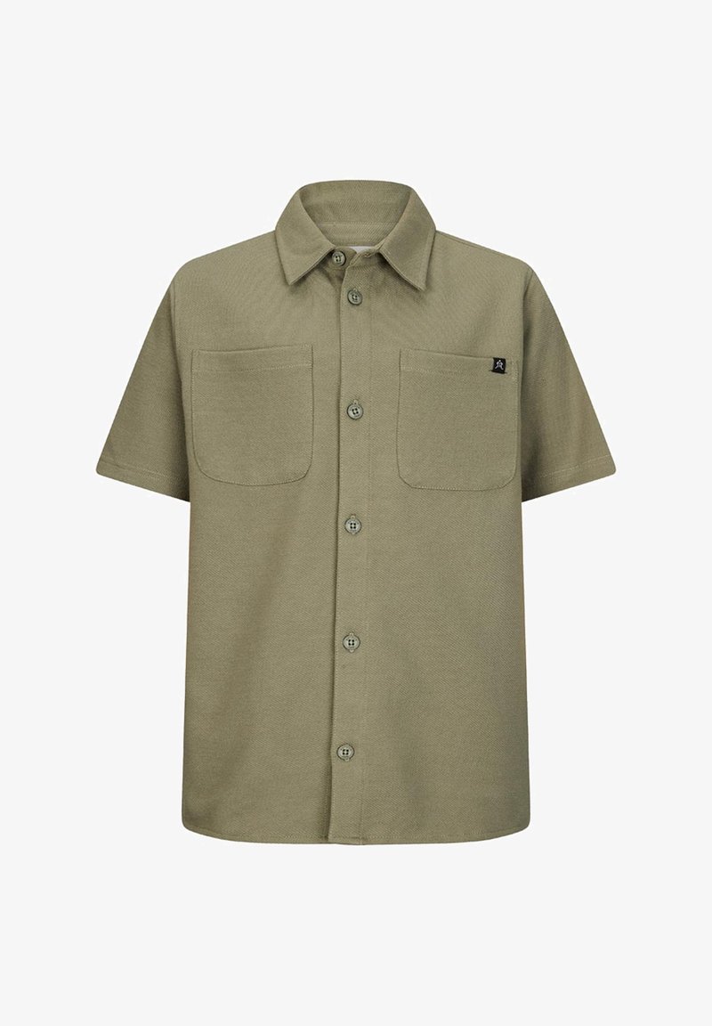 Korte mouwen olijfgroen overhemd met knopen, twee borstzakken aan de voorkant en een klassieke kraag.