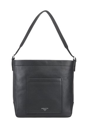 Black leather shoulder bag with a large front pocket and a single strap, featuring the brand name "Dents" embossed below the pocket.