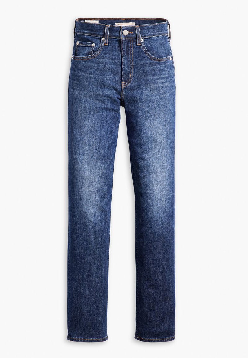 Jeans in denim blu scuro con taglio dritto, caratterizzati da cinque tasche e dettagli cuciti vicino alla vita e ai bordi delle tasche.