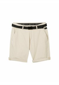 Shorts beige en coton avec un ourlet roulé, dotés de poches latérales, d'une ceinture en tissu noire et d'une ceinture de marque.