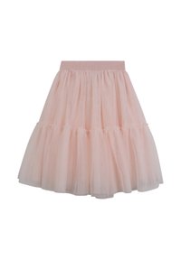 Jupe en tulle rose avec un design plissé, des volants superposés et une ceinture scintillante. Texture légère et transparente.
