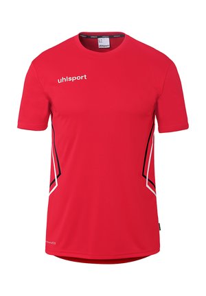 Red short-sleeve sports shirt with black and white side stripes and "uhlsport" logo on the upper left chest.