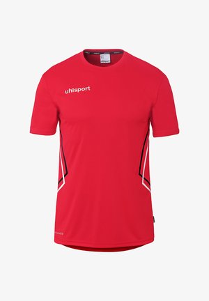 Rotes Sportshirt mit kurzen Ärmeln, schwarzen und weißen Seitenstreifen sowie dem "uhlsport"-Logo auf der oberen linken Brust.