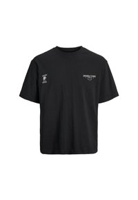Schwarzes Baumwoll-T-Shirt mit Rundhalsausschnitt, kurzen Ärmeln und weißen gedruckten Logos auf der Brust und dem Ärmel. Klassisches gerades Design.