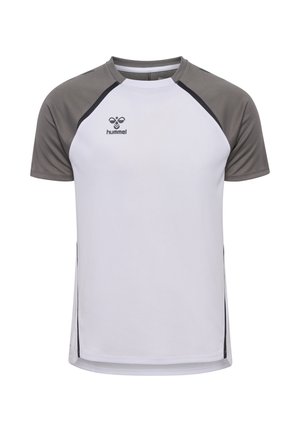 Korte mouwen sportshirt met een wit lijf en grijze raglanmouwen, voorzien van zwarte accenten en een logo op de voorkant.