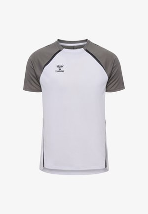 Short-sleeve athletic shirt with a white body and gray raglan sleeves, featuring black accents and a logo on the front.
