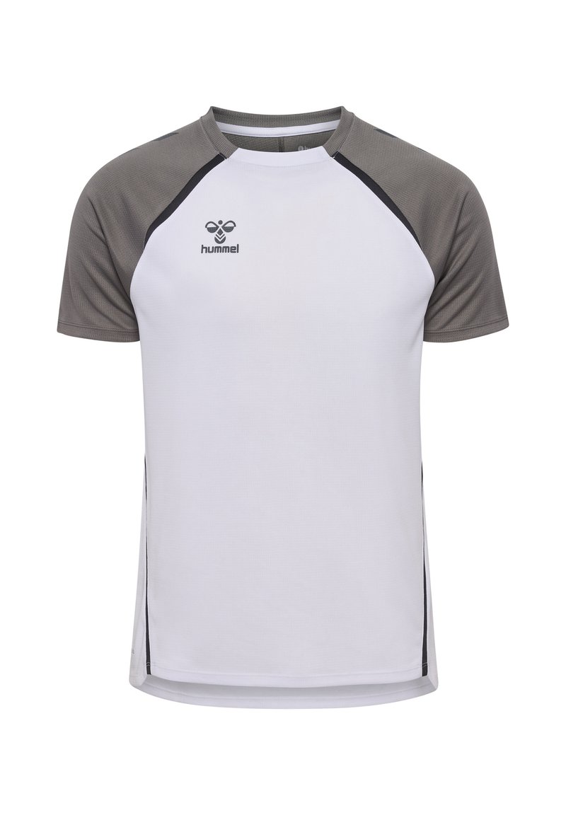 Korte mouwen sportshirt met een wit lijf en grijze raglanmouwen, voorzien van zwarte accenten en een logo op de voorkant.