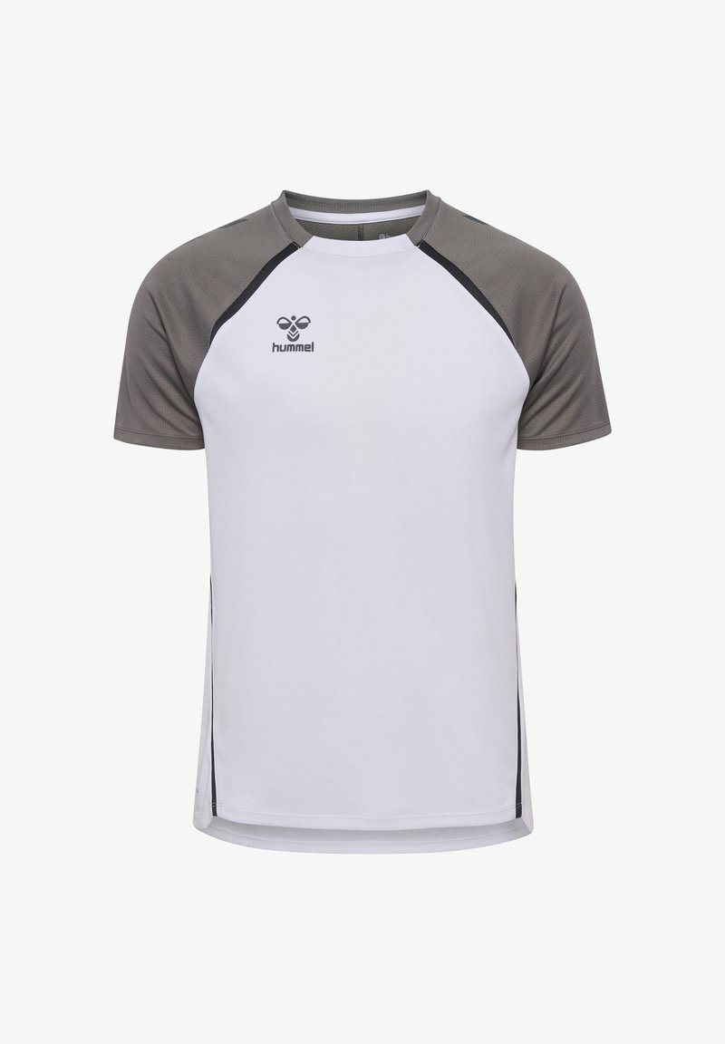 Maglietta atletica a maniche corte con corpo bianco e maniche raglan grigie, con dettagli neri e un logo sul fronte.