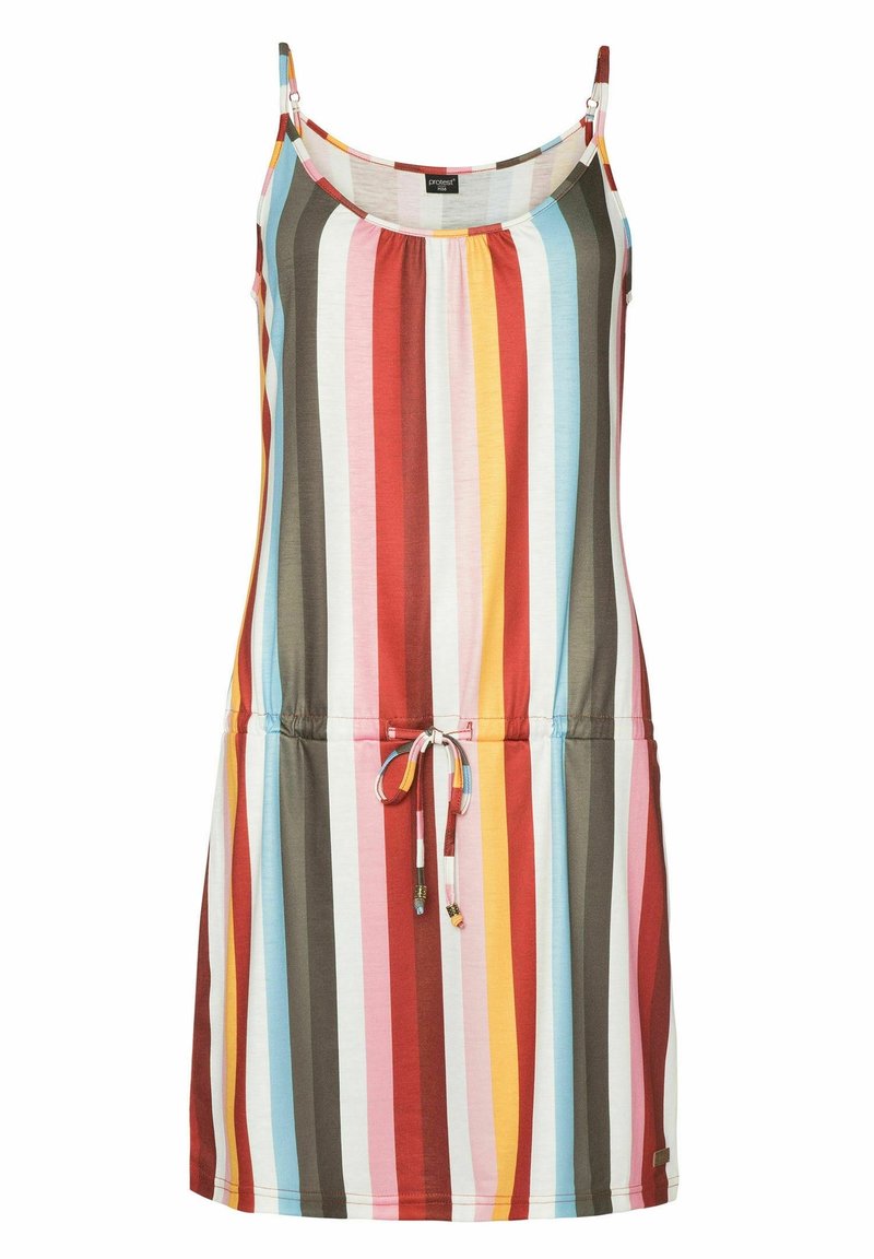 Robe sans manches avec bretelles ajustables, rayures verticales colorées et ceinture à cordon à la taille.