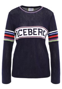 Granatowa dzianinowa bluzka z długim rękawem, z białym poziomym paskiem z logo „ICEBERG” oraz kolorowymi paskami w zielonym, czerwonym, fioletowym i niebieskim na rękawach.