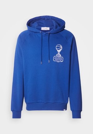 Blaues Hoodie mit einem vorderen Grafikdesign eines Pokals und eines Basketballs, mit Kordeln und gerippten Bündchen und Saum. Weiches Material und lockere Passform.