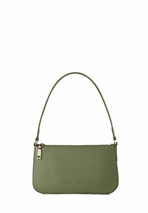 Petit sac à main vert olive texturé avec une seule bandoulière, fermeture éclair dorée et nom de marque en métal "LAZAROTTI" au centre à l'avant.