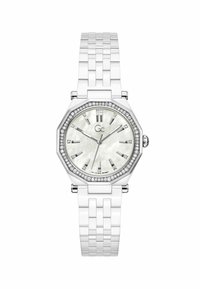 Reloj octogonal blanco con esfera de nácar, acentos plateados y un bisel engastado con cristales. Cuenta con una pulsera plateada con un diseño de eslabones.