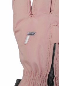 Rosa Skihandschuh aus Softshellmaterial, mit elastischem Handgelenkbund, Reißverschluss und gesticktem Logo in kontrastierenden Farben.