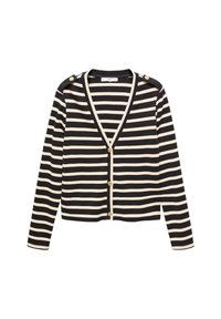 Cardigan a righe bianche e nere con scollatura a V, bottoni sul davanti e dettagli sulle spalle. Realizzato in un tessuto morbido e strutturato.