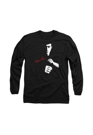 Schwarz, langärmliges Shirt mit einem grafischen Druck eines Gesichts und Händen in Weiß, mit "Bruce Lee" in Rot gedruckt. Aus weichem Baumwollmaterial.