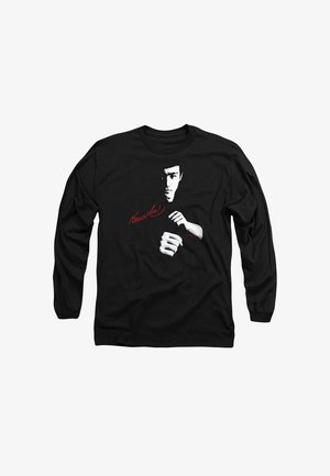Schwarz, langärmliges Shirt mit einem grafischen Druck eines Gesichts und Händen in Weiß, mit "Bruce Lee" in Rot gedruckt. Aus weichem Baumwollmaterial.