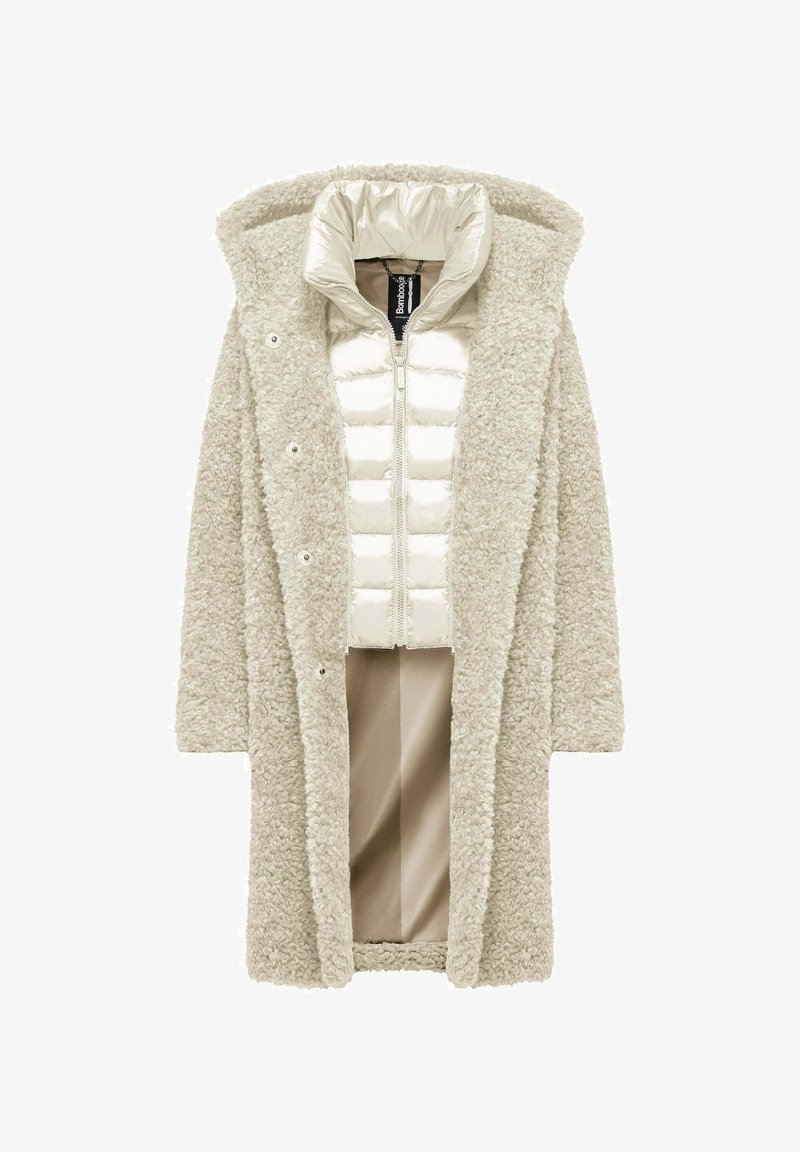 Beige double-layer coat with a textured outer layer and a shiny inner puffer. Features a hood, front snap closures, and a zippered inner layer.