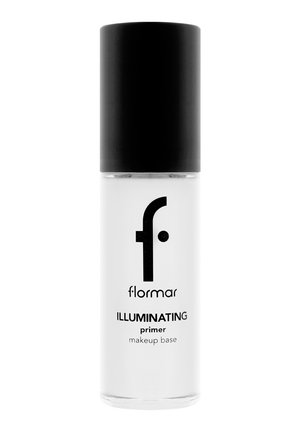 Flormar illuminating primer makeup base bottle with black cap and white body featuring brand logo and product name text.