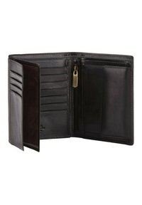 Black leather wallet with multiple card slots, a zippered compartment, and smooth, matte texture. Interior features subtle embossed detailing.