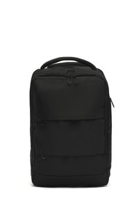 Black rectangular backpack with padded handle, three visible zippered compartments, and smooth fabric texture shown on white background.