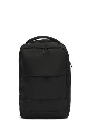 Black rectangular backpack with padded handle, three visible zippered compartments, and smooth fabric texture shown on white background.