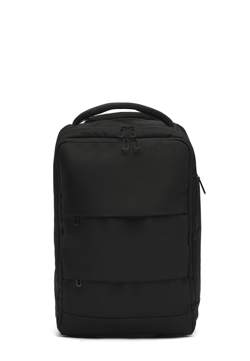 Black rectangular backpack with padded handle, three visible zippered compartments, and smooth fabric texture shown on white background.