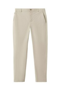 Pantalon beige à jambes droites avec poches avant, passants pour ceinture et fermeture à bouton, présenté à plat sur un fond blanc.