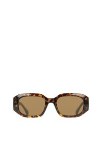 Ορθογώνια γυαλιά ηλίου σε σχέδιο από χελωνόκαβο με καφέ φακούς και χοντρό πλαίσιο. Διαθέτουν έντονες γωνίες και γυαλιστερό φινίρισμα.