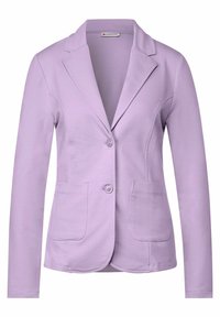 Light purple blazer made of soft fabric, featuring a notched collar, two front pockets, and a single button closure.