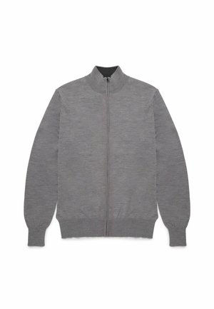 Grijze zip-up trui met hoge kraag, lange mouwen, textuurstof en geribbelde manchetten en zoom. Eenvoudige, uniform kleur overal.