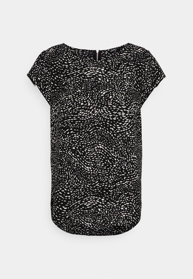Blusa preta com um padrão abstrato branco, gola redonda, mangas curtas e um acabamento em curva na barra; tecido leve com uma textura suave.