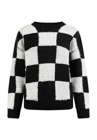 Schwarz-weißer kariert Pullover mit einer weichen, strukturierten Oberfläche. Verfügt über einen Rundhalsausschnitt sowie gerippte Bündchen und Saum.