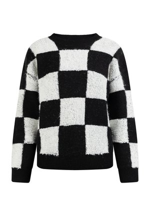 Sort-hvid ternet sweater med en blød, tekstureret overflade. Har rund halsudskæring og ribbede manchetter og kant.