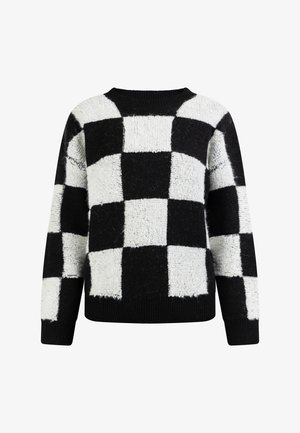 Crno-bijeli karirani pulover s mekim, teksturiranim završetkom. Ima okrugli izrez i rebraste manšete i donji rub.