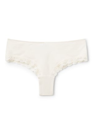 Ecru stringi z koronkowym wykończeniem, wykonane z miękkiej mieszanki bawełny, z falistymi krawędziami i gładkim, bezszwowym fasonem.