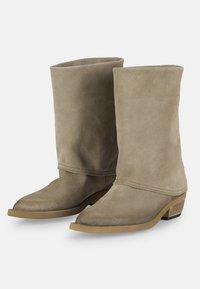 Botines de ante suaves en taupe claro con punta afilada, detalles de costura y un tacón bajo de madera. Textura suave y diseño minimalista.