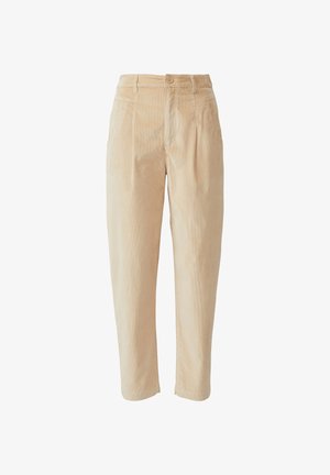 Beige corduroy broek met een relaxte pasvorm, voorzien van een knoopsluiting, twee voorkruiszakken en een zichtbaar verticaal ribpatroon.