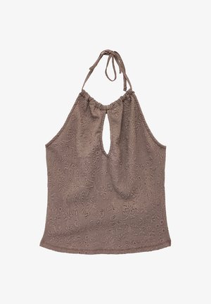Haut marron texturé sans manches avec motif floral et découpe en forme de trou en clé à l'avant, noué au cou avec un nœud.