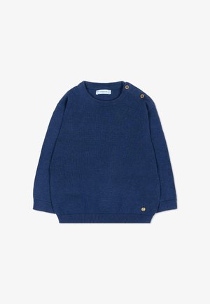 Maglione per bambino a maniche lunghe di colore blu navy con polsini e orlo a coste, collo rotondo e due bottoni di legno sulla spalla sinistra.