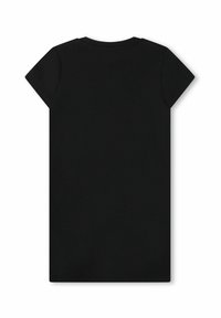 T-shirt noir à manches courtes avec un col rond, fabriqué dans un tissu lisse. Présente une couleur unie sans motifs ni accents visibles.